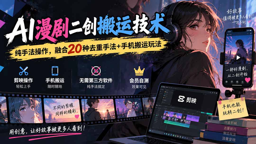 AI漫剧二创搬运教程：20种去重手法+剪映手机搬运玩法
