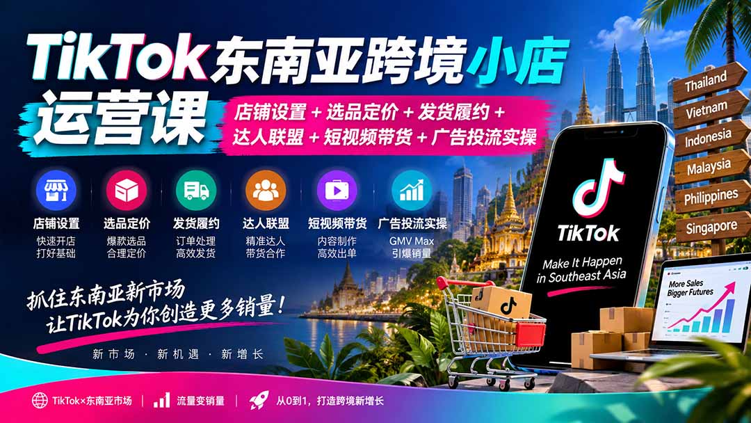 TikTok东南亚小店运营课：选品定价+发货履约+达人联盟+GMV Max投流实操