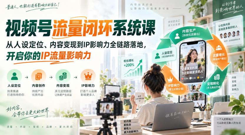 视频号流量闭环系统课：人设定位+爆款内容+视觉包装，从0到IP变现全链路落地