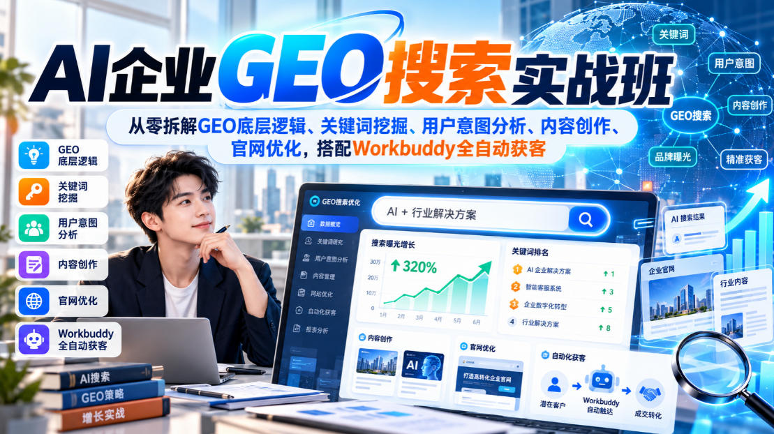 AI企业GEO搜索实战班：关键词挖掘+内容创作+官网优化自动化获客