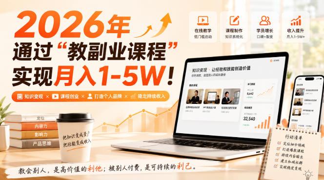 2026年教副业课程变现1-5W，免费学引流收学员，2个月回本保障