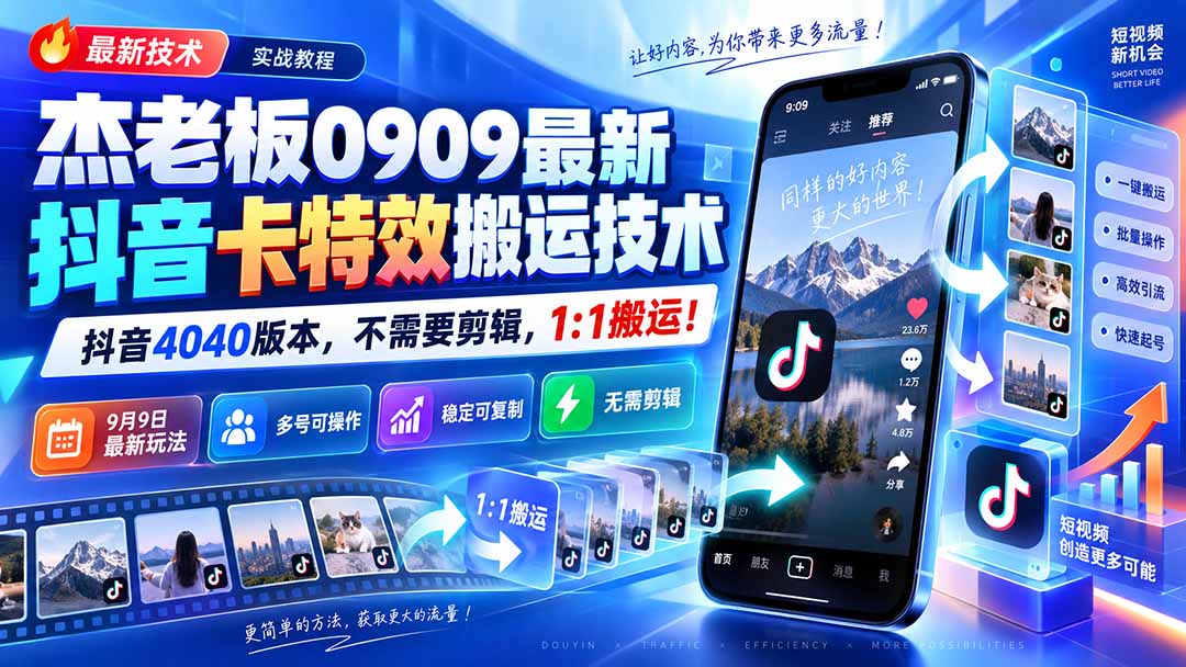 杰老板0909抖音卡特效搬运技术4040版无需剪辑1:1搬运起号