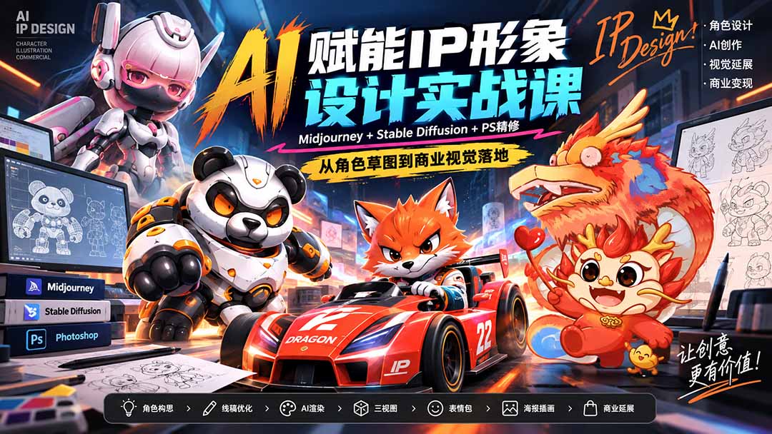 AI+IP形象设计全流程实战：Midjourney+SD+PS商业落地
