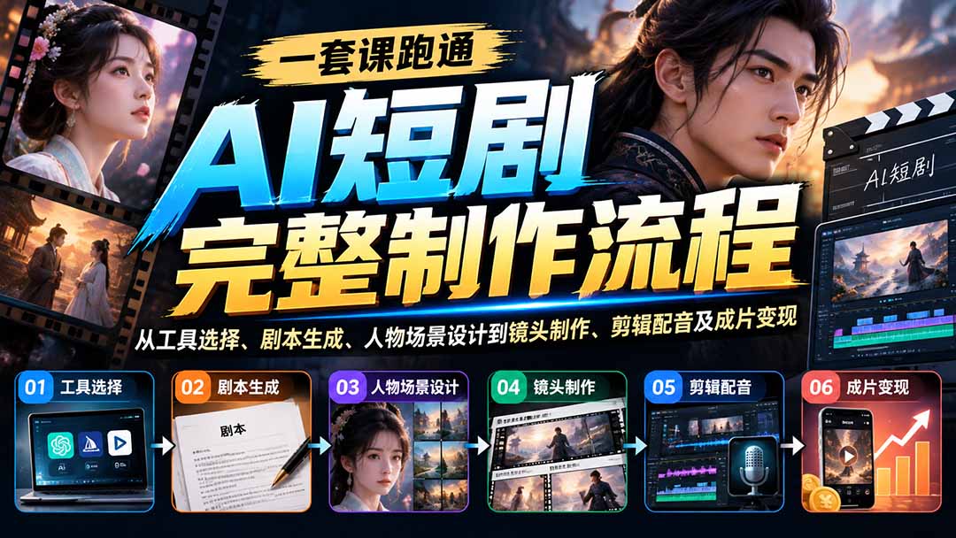 AI短剧制作全流程课：零基础剧本生成、角色场景设计、镜头剪辑配音与变现