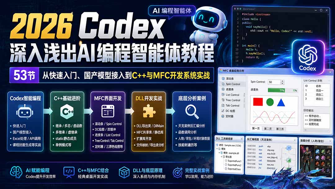 2026 Codex AI编程智能体教程：53节实战MFC与C++开发，接入国产大模型
