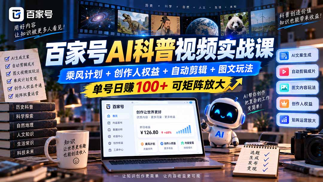 百家号AI科普视频实战：乘风计划+自动剪辑+图文玩法，单号变现100方法