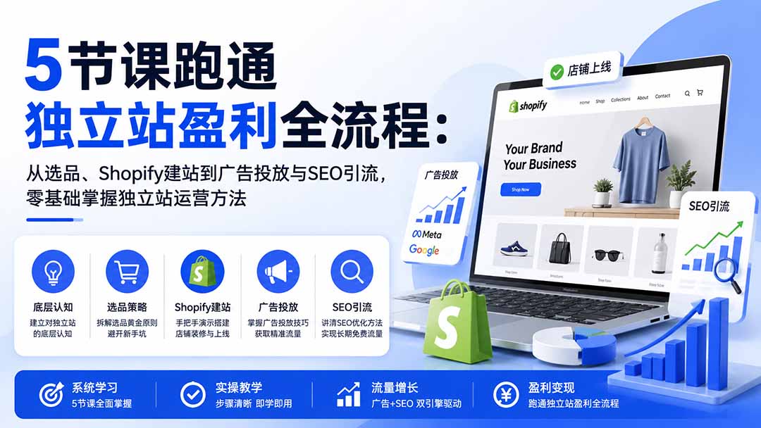 5节课跑通独立站盈利全流程：选品、Shopify建站、广告投放与SEO引流，零基础快速上手