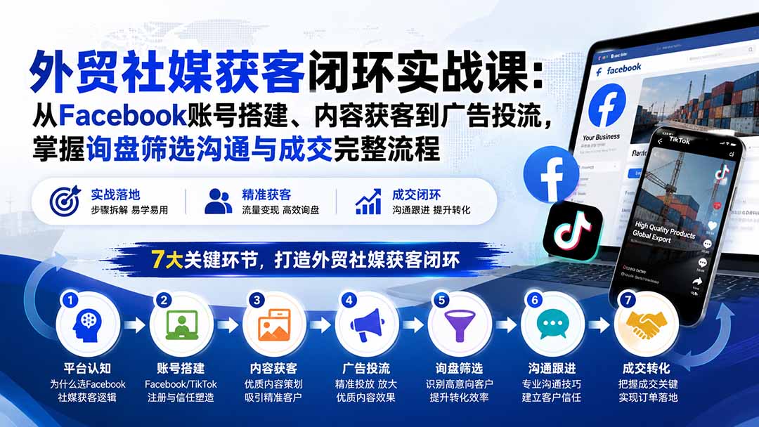 外贸社媒获客闭环实战：Facebook账号搭建到广告投流，掌握询盘筛选成交全流程
