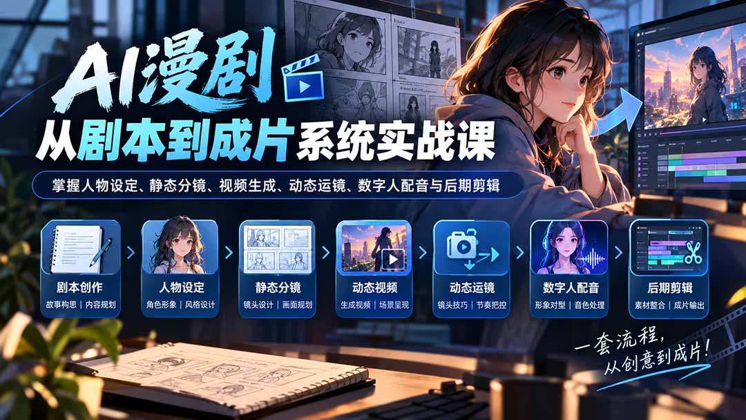 AI漫剧制作全流程实战：人物设定与分镜运镜数字人配音剪辑成片