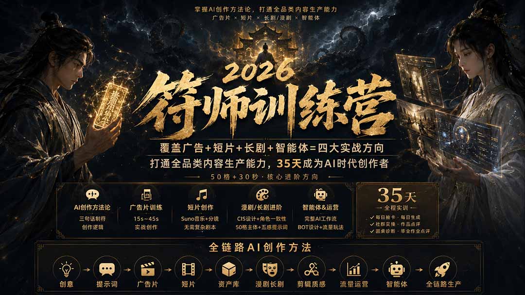 符师训练营35天AI视频创作课，广告短片漫剧智能体全流程实战