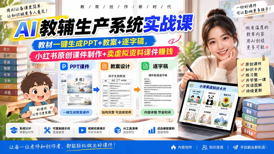 AI教辅生产系统实战:教材一键生成PPT教案逐字稿,小红书课件制作变现 AI教辅生产系统实战:教材一键生成PPT教案逐字稿,小红书课件制作变现