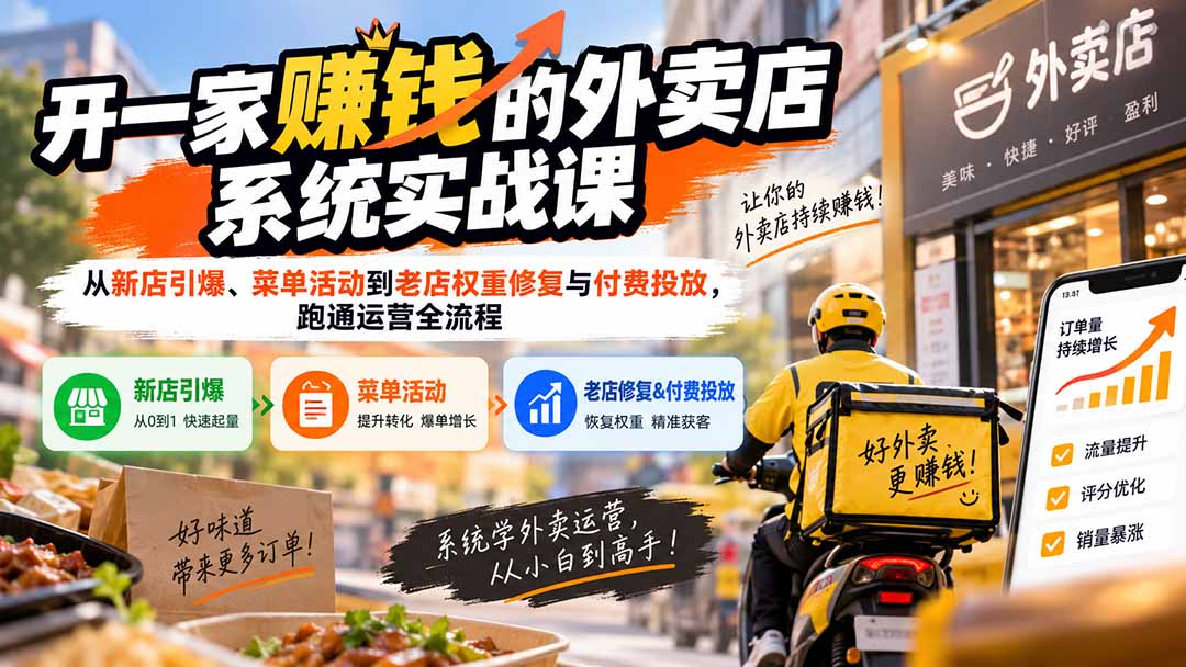 外卖店运营系统课：新店4天引爆与老店权重修复，美团闪购精准投放实战