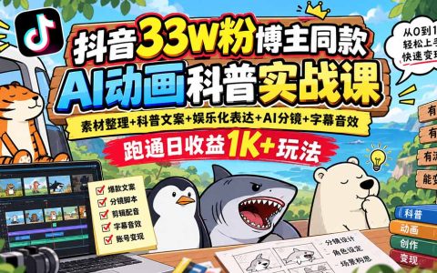 抖音33W粉博主同款AI动画科普课：文案分镜剪辑配音字幕全流程变现