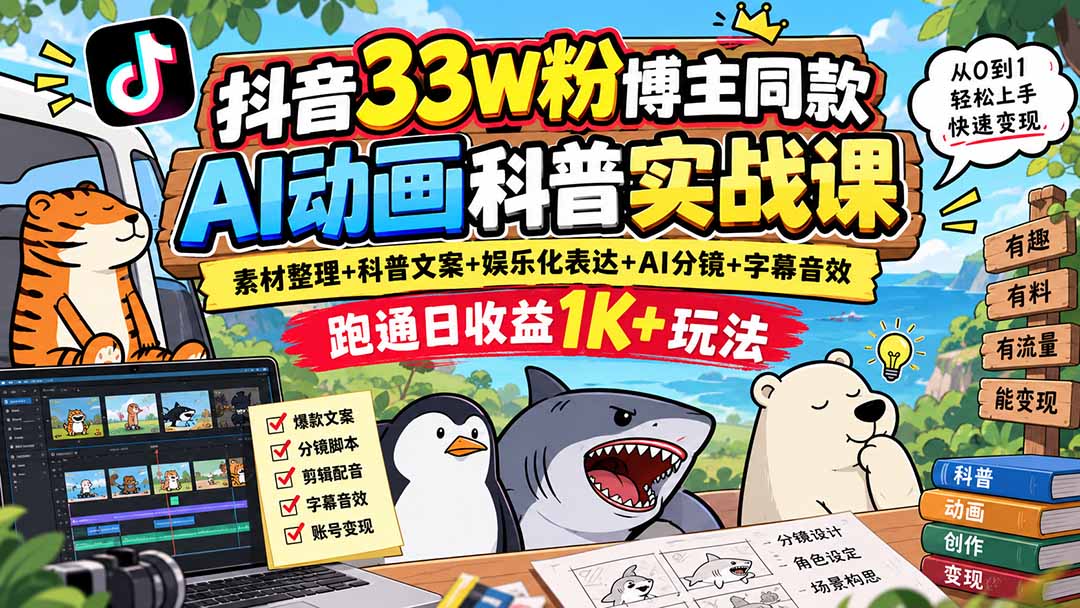 抖音33W粉博主同款AI动画科普课：文案分镜剪辑配音字幕全流程变现