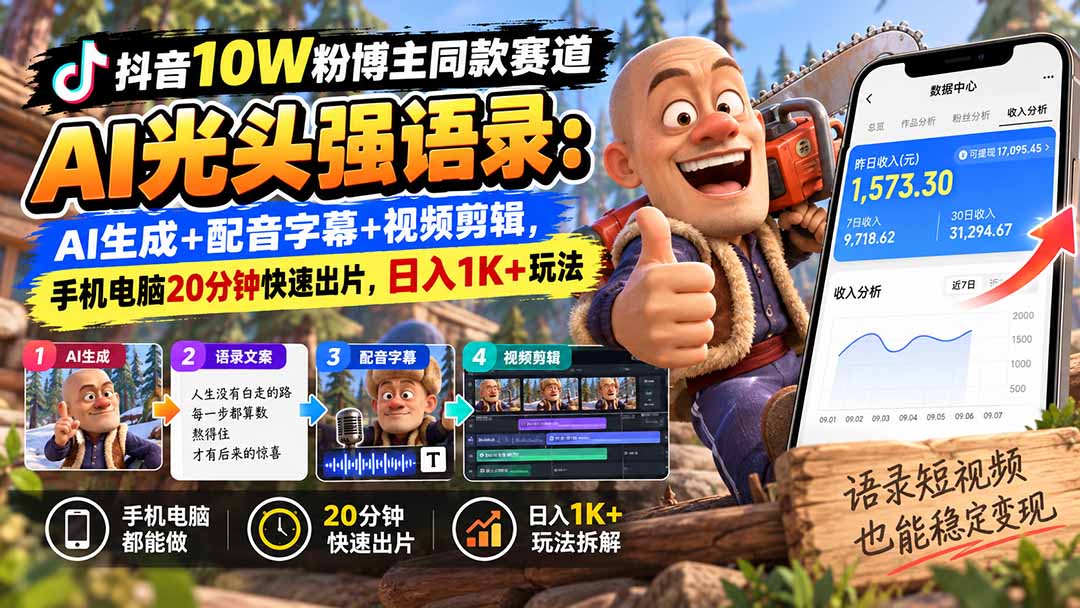 抖音10W粉博主AI光头强语录：AI生成+配音字幕+剪辑，手机电脑20分钟出片