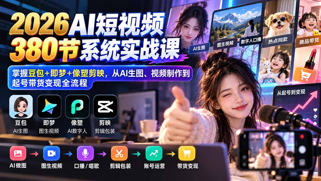 2026AI短视频380节实战课：豆包即梦剪映AI生图视频制作起号带货变现