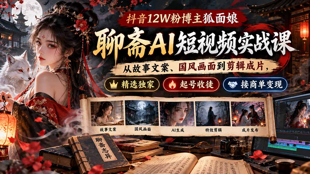聊斋AI短视频实战课：狐面娘国风文案垫图剪辑起号变现