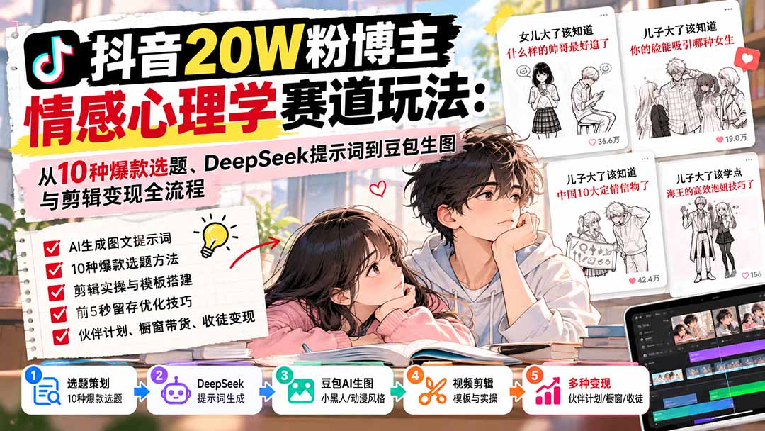 抖音20W粉情感心理学：DeepSeek提示词+豆包生图剪辑变现