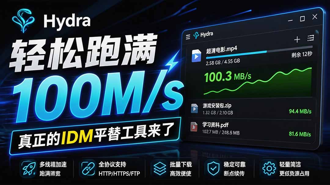 轻松跑满100步骤M/s，开源免费多线程下载神器，IDM平替支持浏览器接管