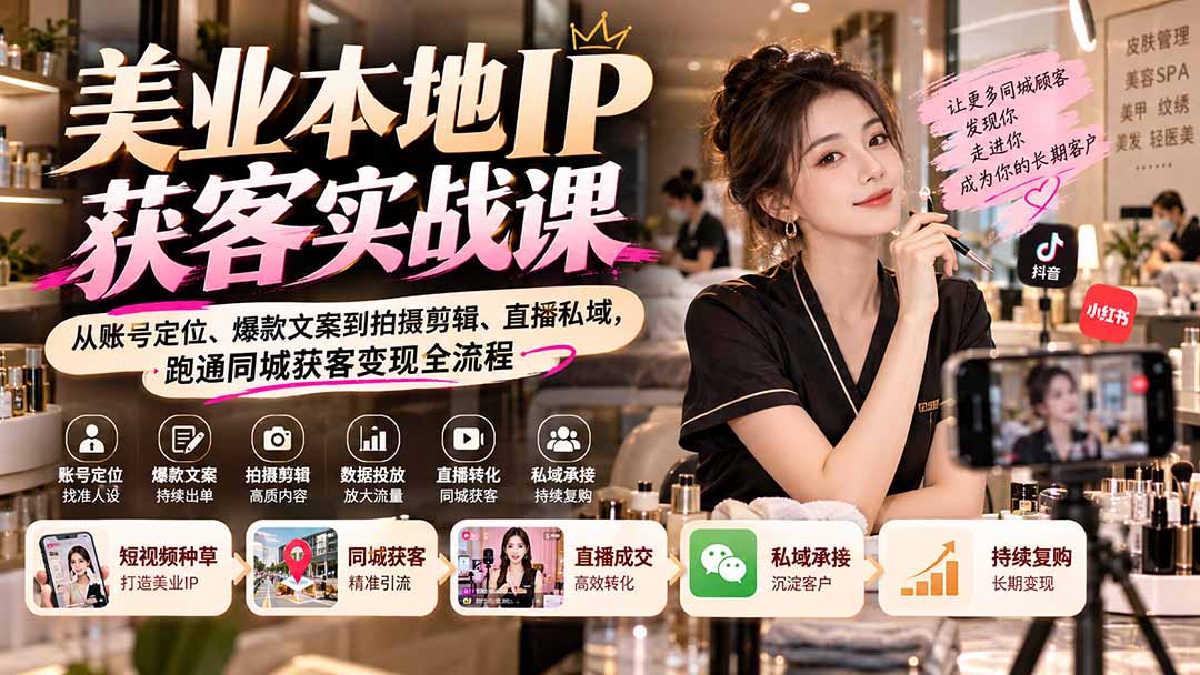 美业本地IP获客实战：账号定位+爆款文案+拍摄剪辑+直播私域同城变现