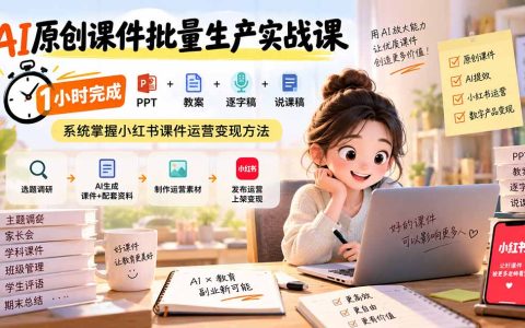 AI原创课件批量生产实战课：1小时搞定PPT教案逐字稿，小红书开店卖课件副业变现全攻略