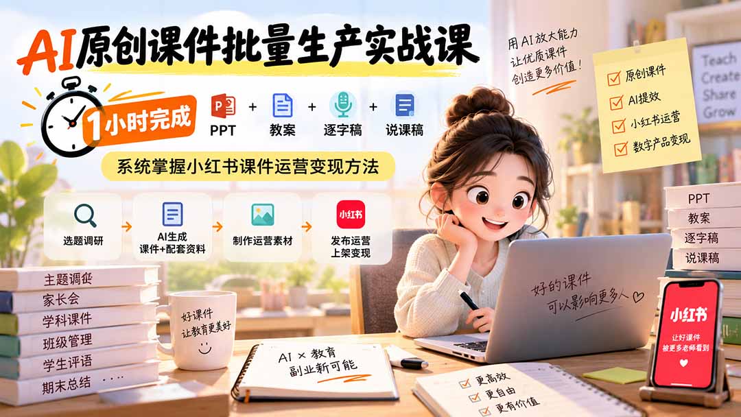 AI原创课件批量生产实战课：1小时搞定PPT教案逐字稿，小红书开店卖课件副业变现全攻略