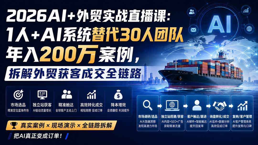 2026AI外贸实战直播课：1人+AI系统替代30人团队，拆解获客成交全链路
