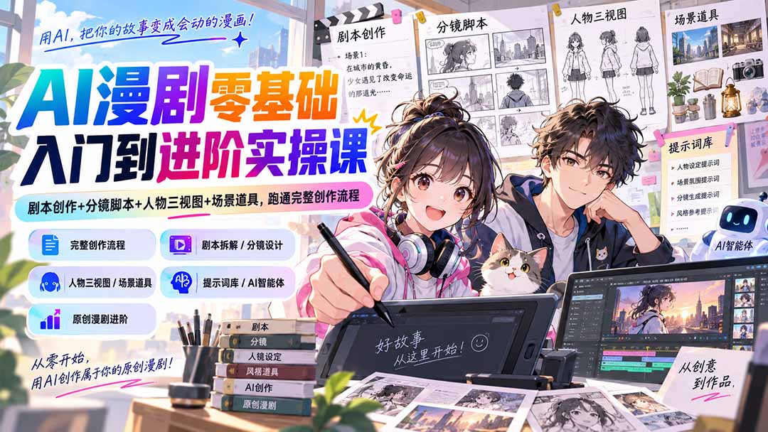 AI漫剧零基础入门到进阶实操课：剧本分镜+人物场景设定+提示词库，跑通全流程