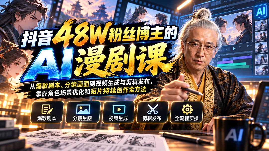 零基础AI漫剧全流程实战课：爆款剧本分镜到视频剪辑发布，小白副业短视频创作