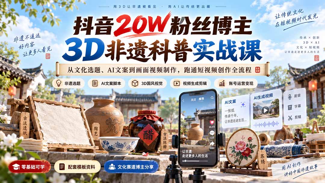抖音20W粉博主3D非遗科普实战课：AI文案到视频制作，零基础跑通短视频全流程
