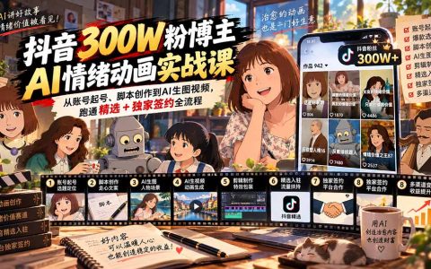 抖音300步骤W粉博主AI情绪动画实战：起号脚本AI生图视频精选签约全流程