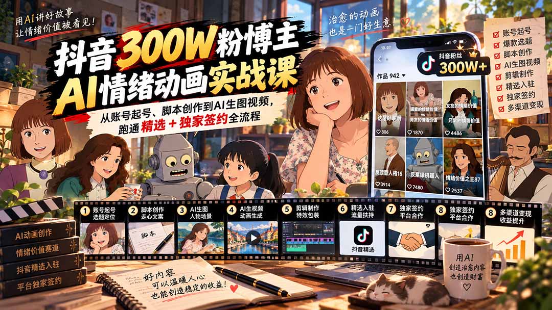 抖音300步骤W粉博主AI情绪动画实战：起号脚本AI生图视频精选签约全流程