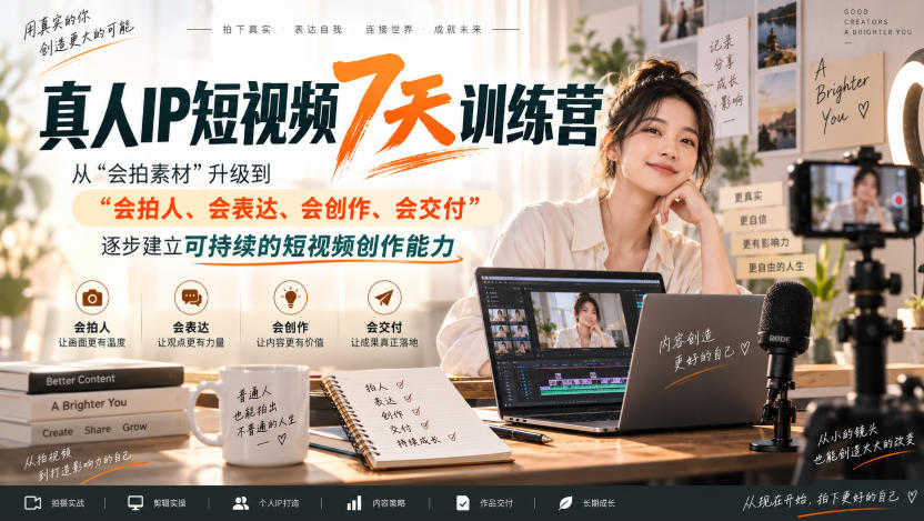 真人IP短视频7天线下实操课：从拍素材到拍人，掌握情绪表达与脚本创作
