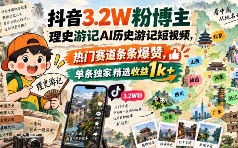 抖音3.2W粉博主理史游记AI历史游记短视频教学，零基础AI配音文案转视频实操，单条精选收益1方法