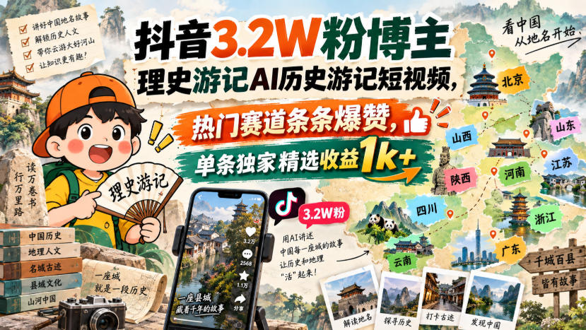 抖音3.2W粉博主理史游记AI历史游记短视频教学，零基础AI配音文案转视频实操，单条精选收益1方法