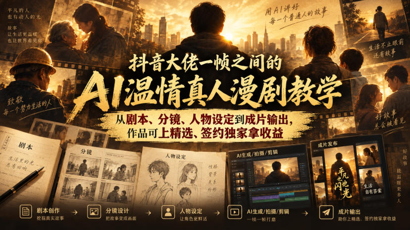 抖音一帧之间AI温情真人漫剧课：剧本分镜人物设定到成片，冲精选签约独家