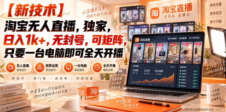 淘宝无人直播新玩法，电脑全天自动播，变现千元实操教程
