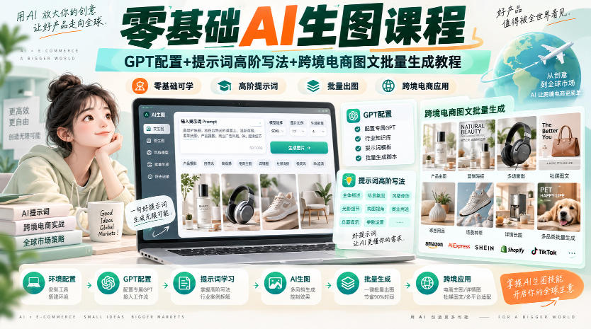 零基础AI生图课：GPT配置+提示词高阶写法+跨境电商图文批量生成