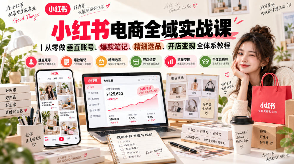 小红书电商实战课：垂直账号+爆款笔记+全域选品+开店变现全流程
