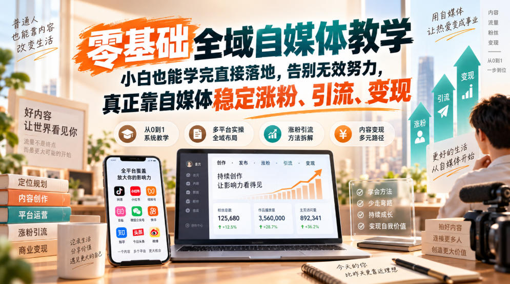 零基础全域自媒体教学：赛道定位+爆款文案+AI提效+30天起号变现