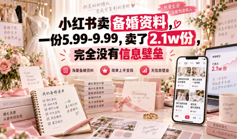 小红书卖备婚资料5.99元起，卖了2.1万份，零门槛虚拟资料副业