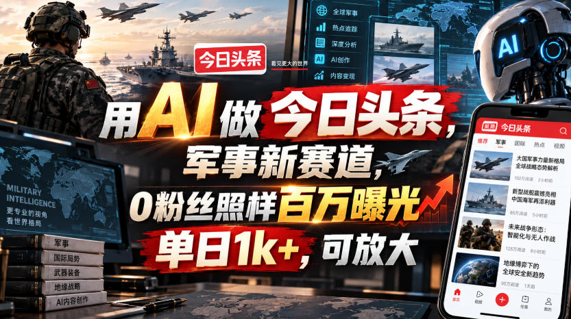 用AI做今日头条副业，军事赛道0粉丝也能变现过万，新手可批量放大
