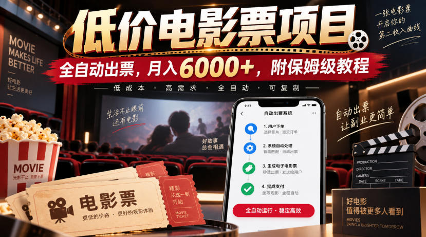 低价电影票副业教程：自动化出票变现600步骤0+，新手保姆级操作指南