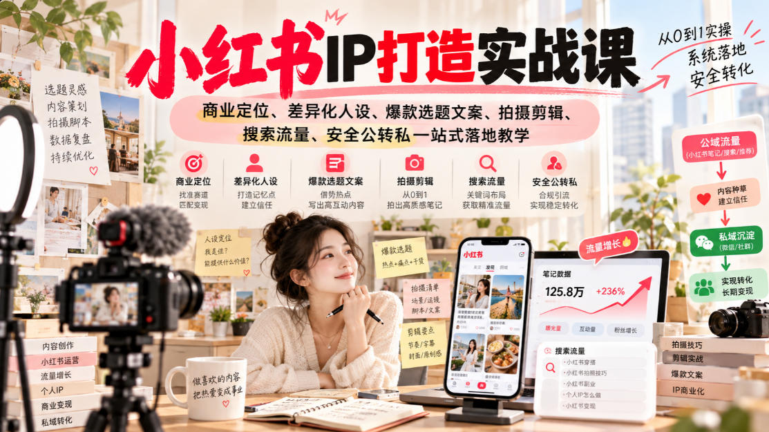 小红书IP打造实战课:商业定位人设选题拍摄剪辑搜索流量公转私 小红书IP打造实战课:商业定位人设选题拍摄剪辑搜索流量公转私