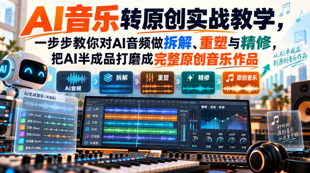 AI音乐转原创实战：拆解重塑精修AI音频，混音母带全流程教学