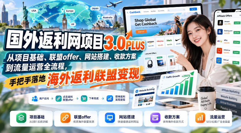 国外返利网项目3.0PLUS：英文返利网站搭建与联盟Offer变现全流程