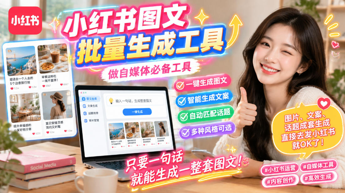 小红书图文批量生成工具，一句话生成爆款文案配图话题，自媒体运营必备