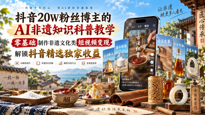 AI非遗科普短视频变现课，零基础用AI制作国风视频，抖音精选收益