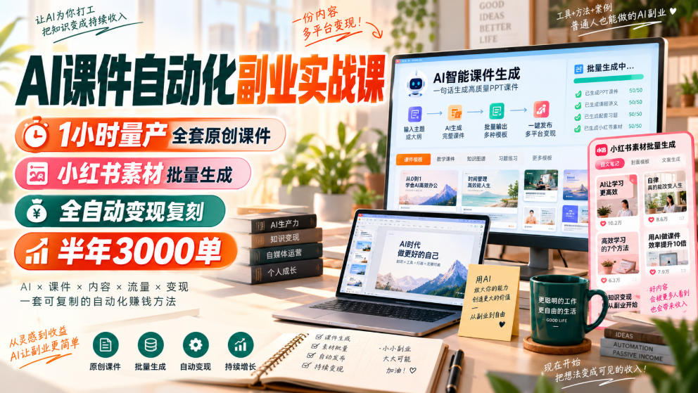 AI课件自动化副业实战课：1小时量产原创课件，小红书批量变现，宝妈老师副业新思路