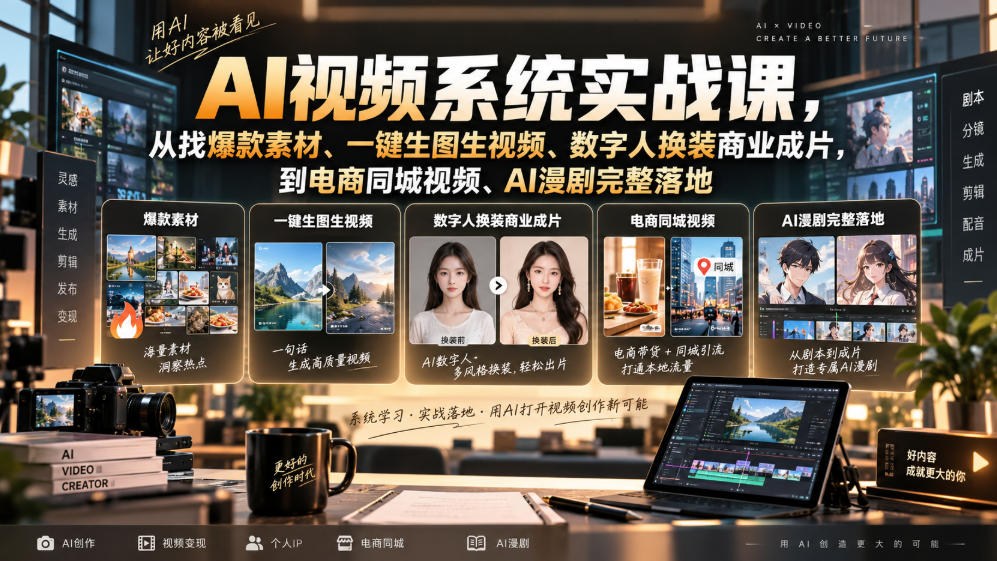 AI视频系统实战课：从爆款素材到数字人商业成片，零基础批量变现